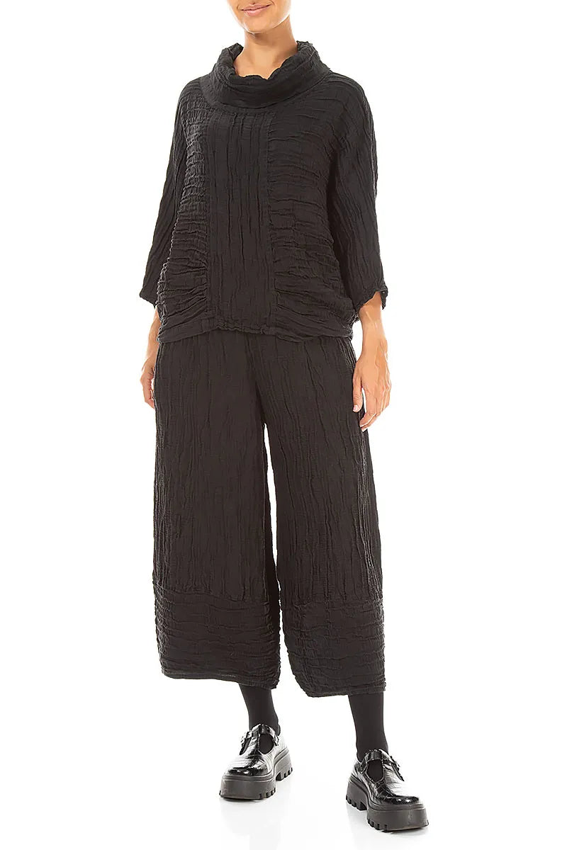 Wide Cropped Crinkled Black Silk Linen Trousers 4