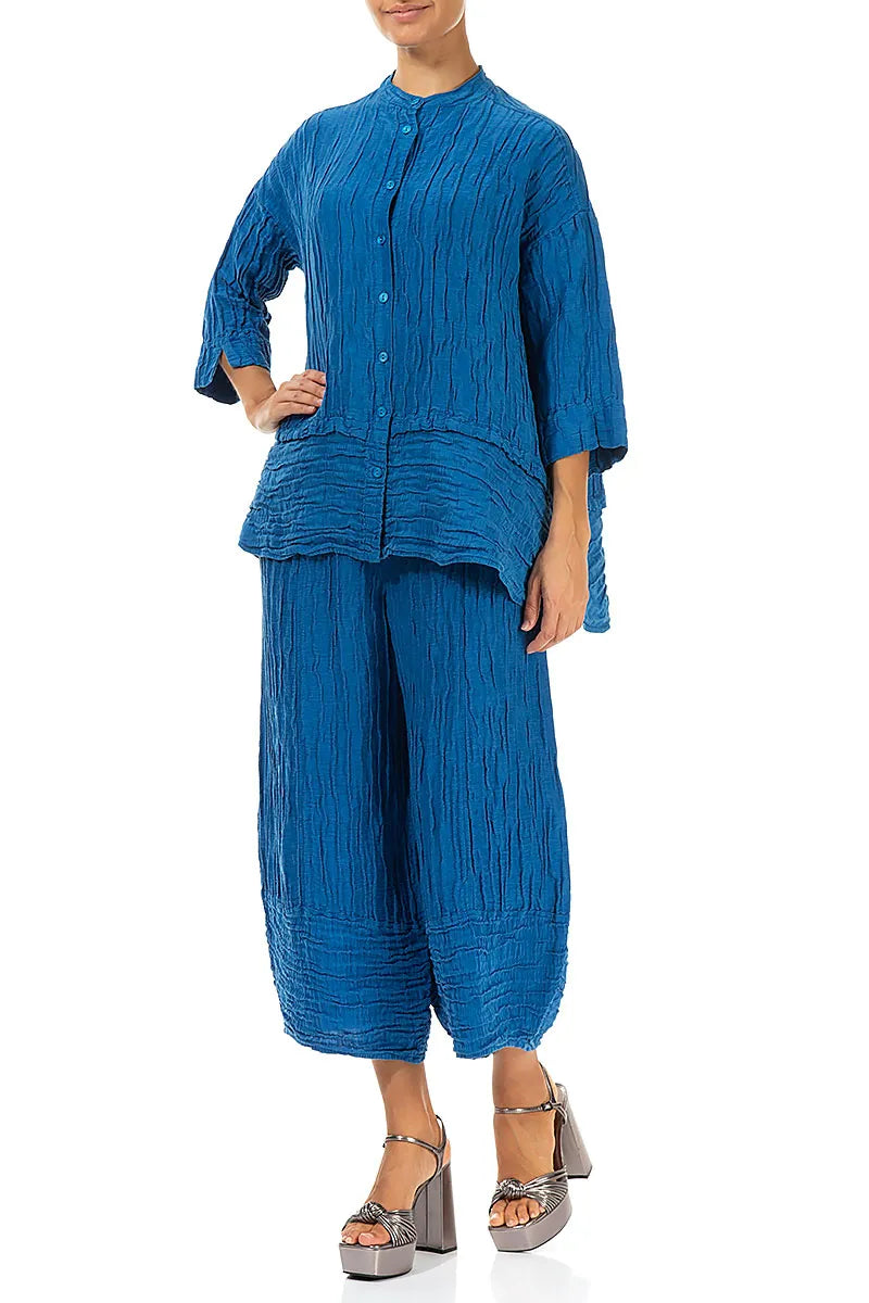 Wide Cropped Crinkled Cobalt Blue Silk Linen Trousers 4