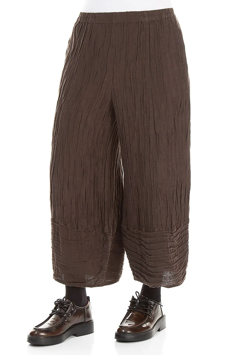 Wide Cropped Crinkled Truffle Brown Silk Linen Trousers 3