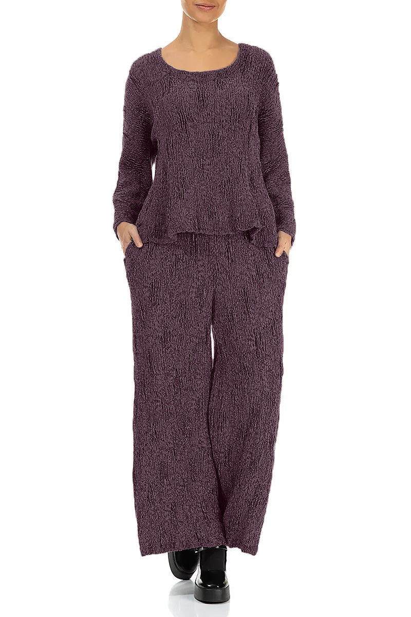 Pantalon large couleur prune foncé, en Soie et Lin texturés