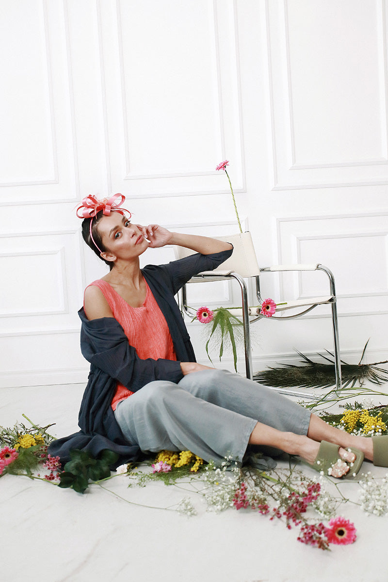 Wide Flowy Grey Sage Pure Silk Trousers 5