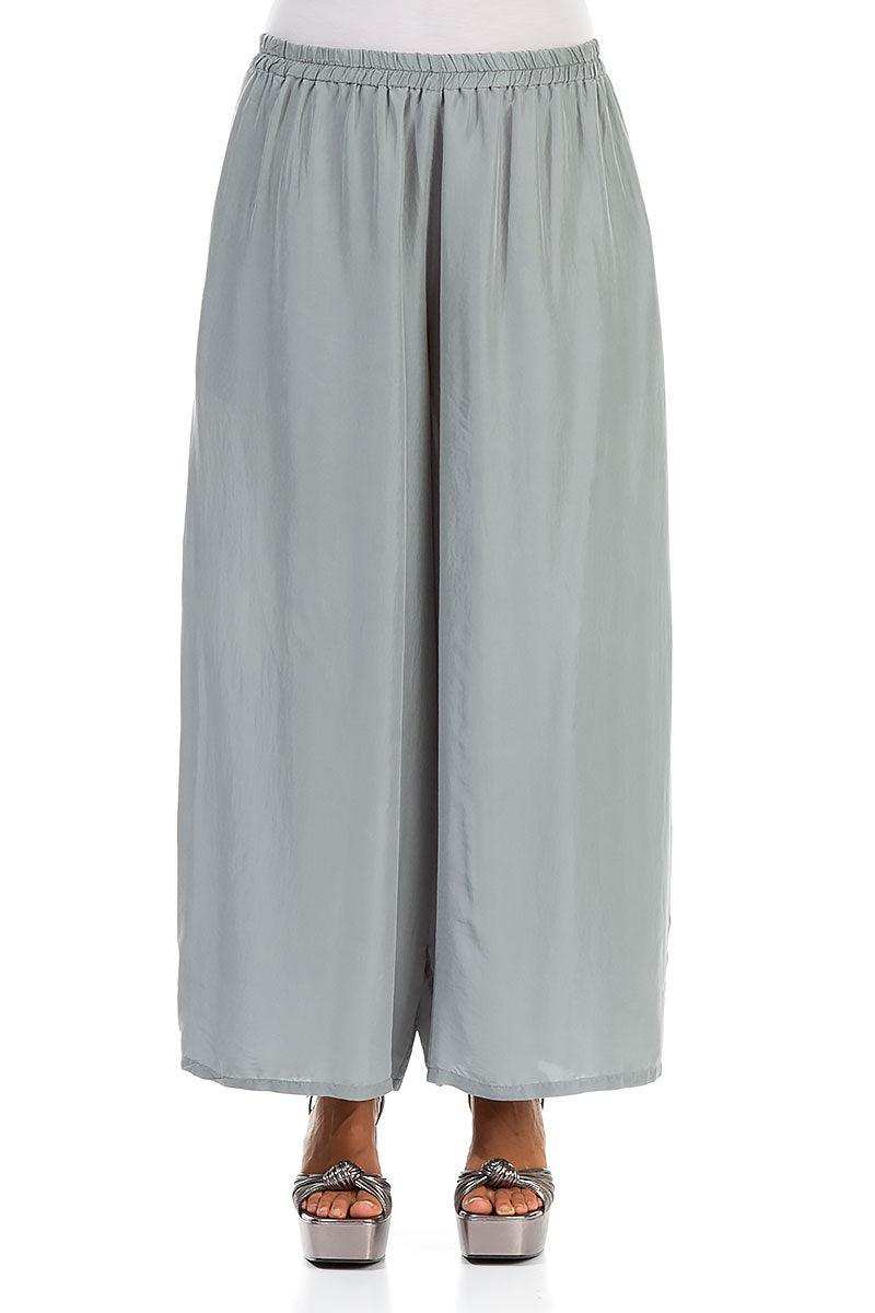 Wide Flowy Grey Sage Pure Silk Trousers 1