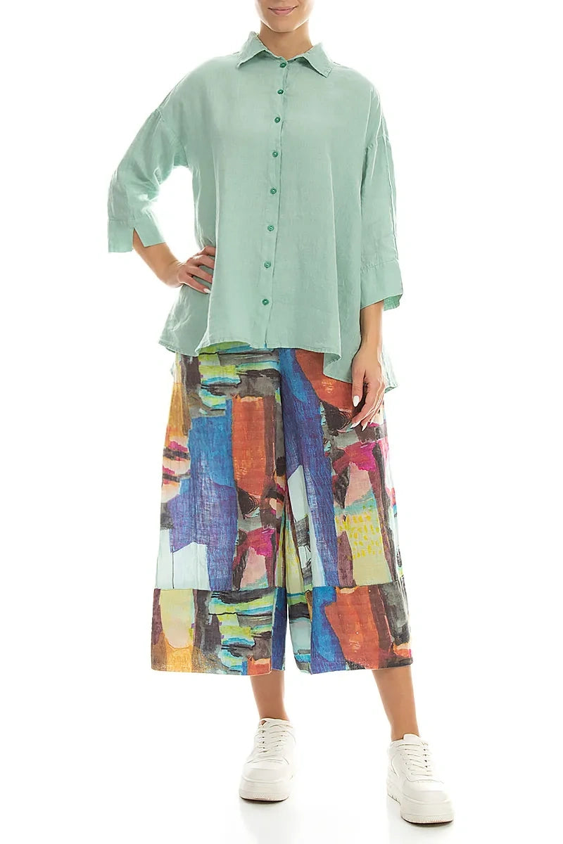 Wide Leg Cuffs Abstract Linen Culottes 4