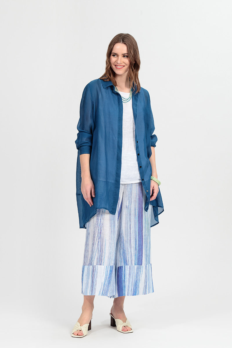 Wide Leg Cuffs Blue Wash Stripe Linen Culottes 8