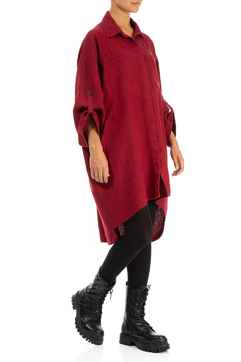 Wide Loose Dark Red Linen Shirt 3