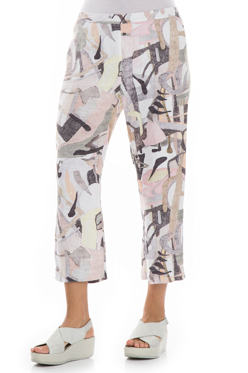 Cropped Pastel Art Linen Trousers 3