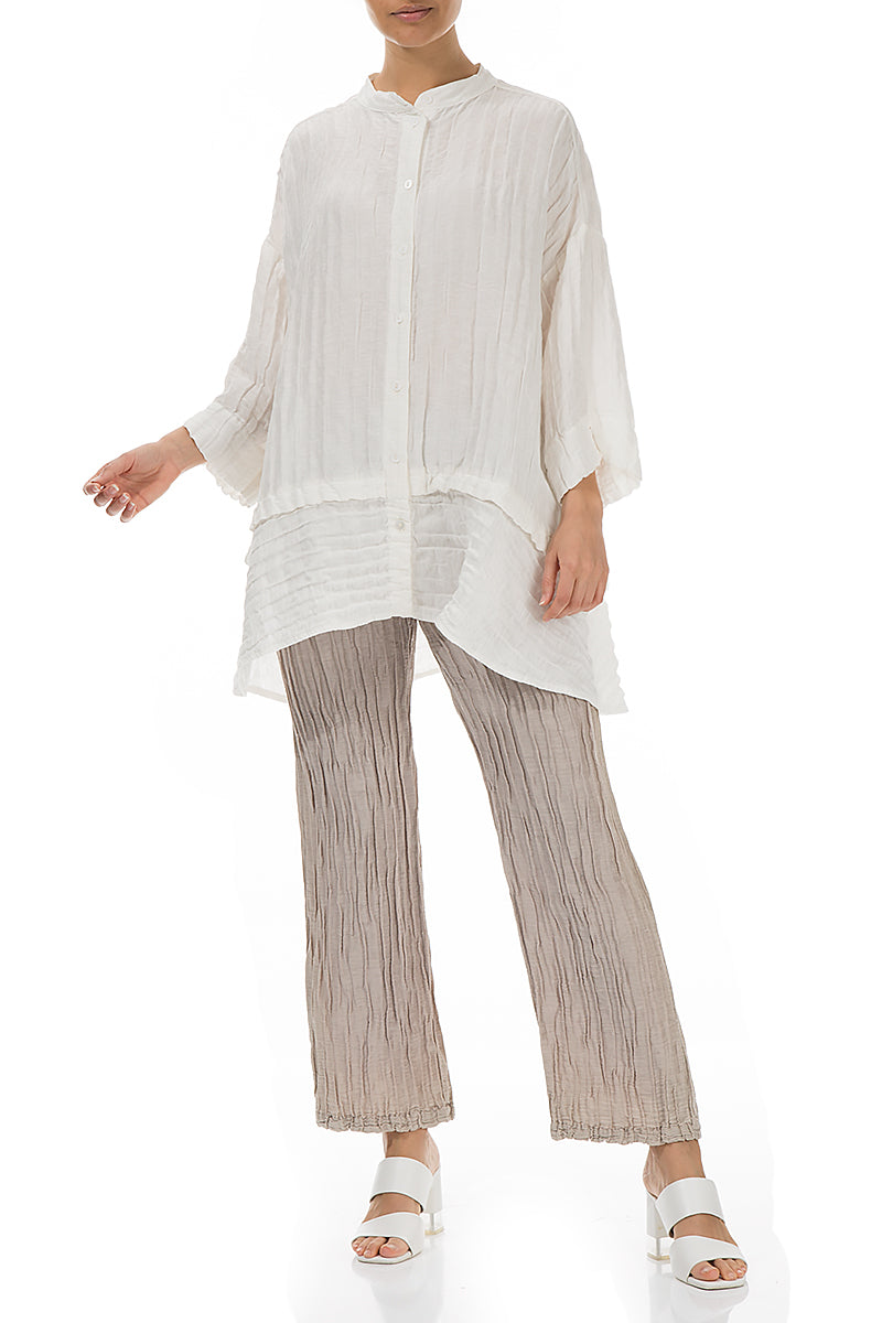 Flared Crinkled Off White Silk Linen Shirt 5