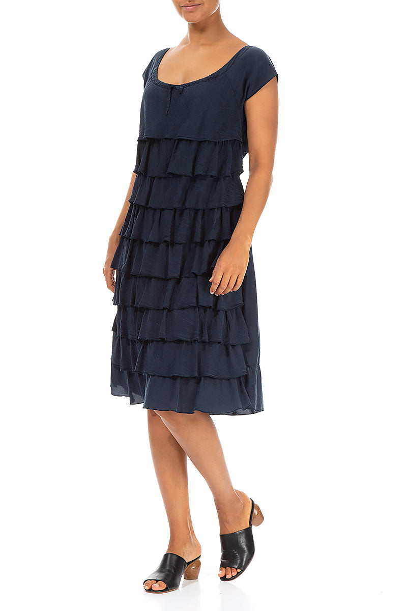 Frilled Navy Silk Bamboo Dress 4
