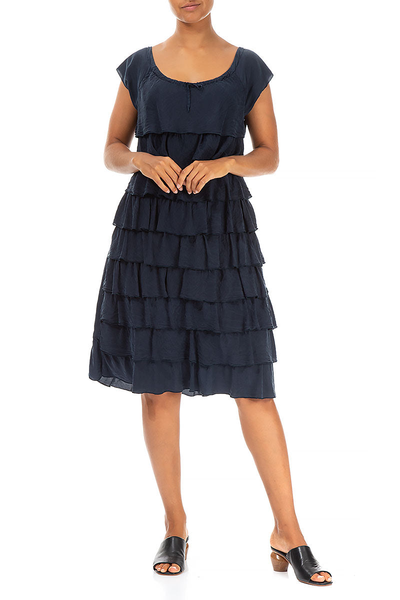 Frilled Navy Silk Bamboo Dress 3