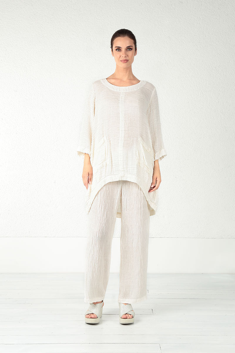 Straight Crinkled Off White Silk Trousers 4
