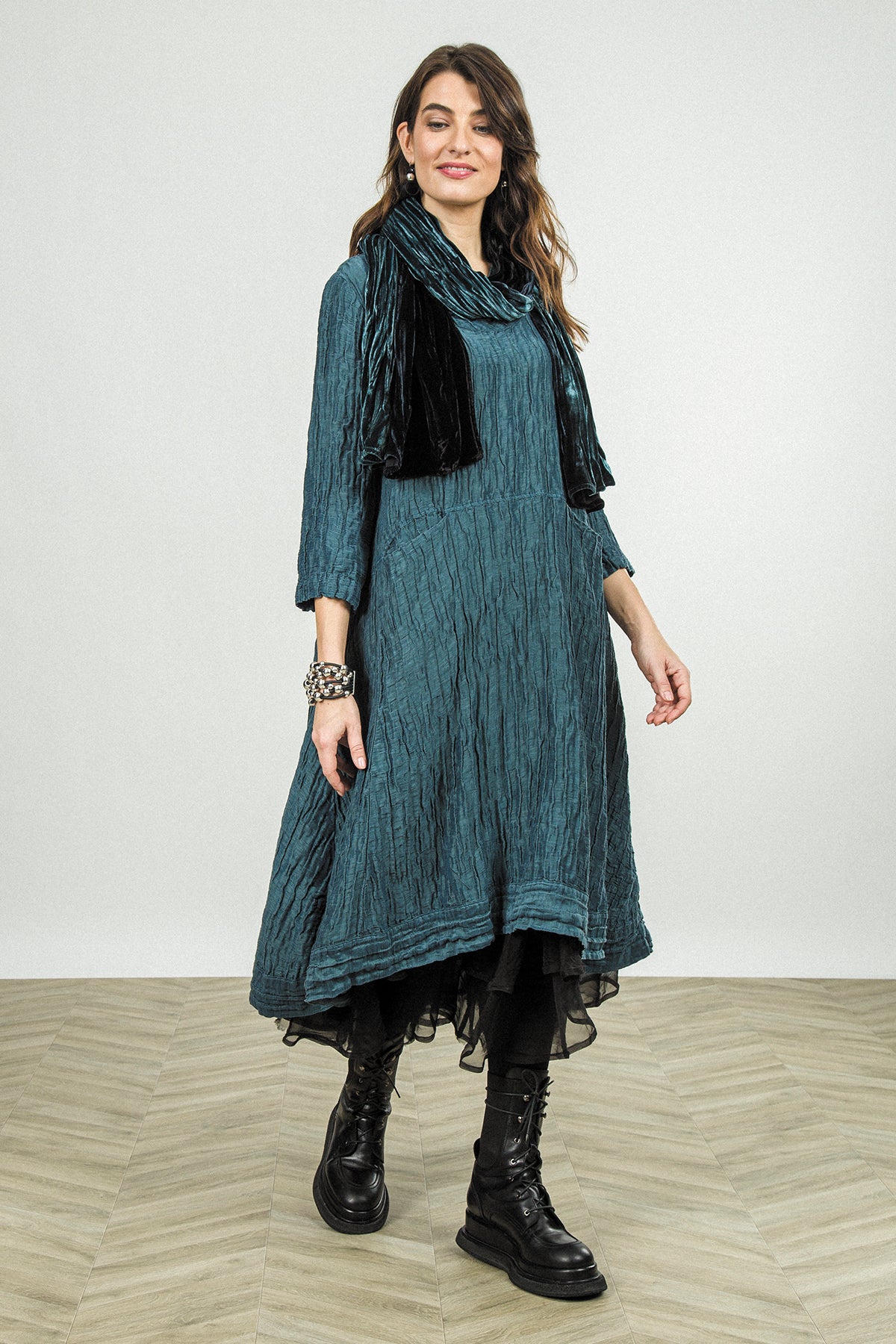 A-Line Deep Turquoise Crinkled Silk Linen Dress 5