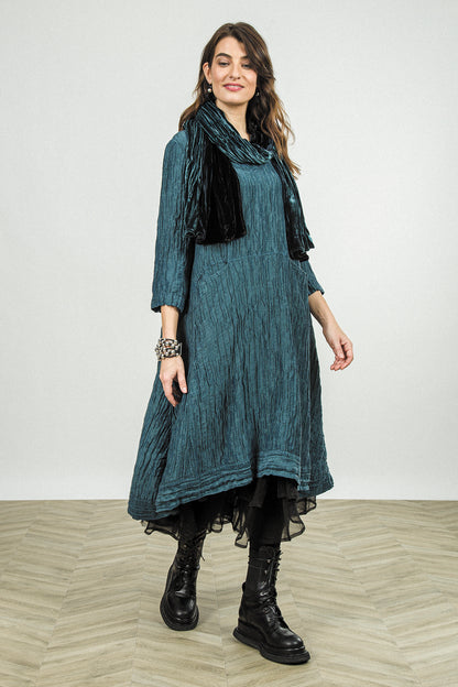 A-Line Deep Turquoise Crinkled Silk Linen Dress 5