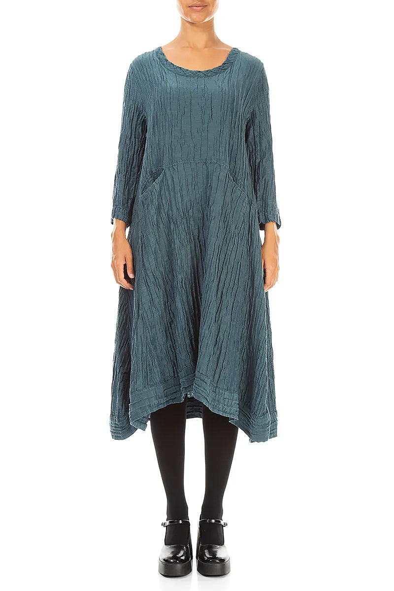 A-Line Deep Turquoise Crinkled Silk Linen Dress 1