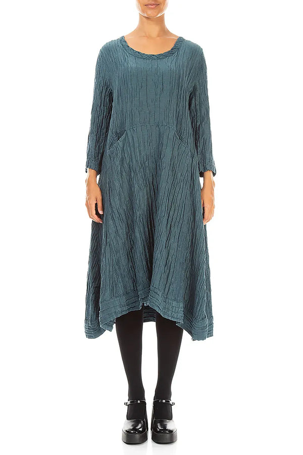 A-Line Deep Turquoise Crinkled Silk Linen Dress
