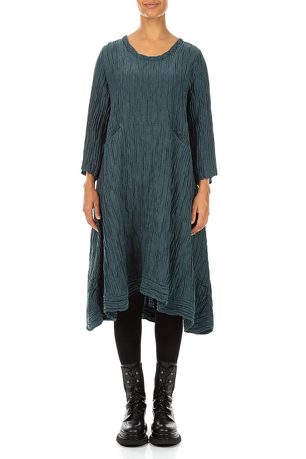 A-Line Deep Turquoise Crinkled Silk Linen Dress 1