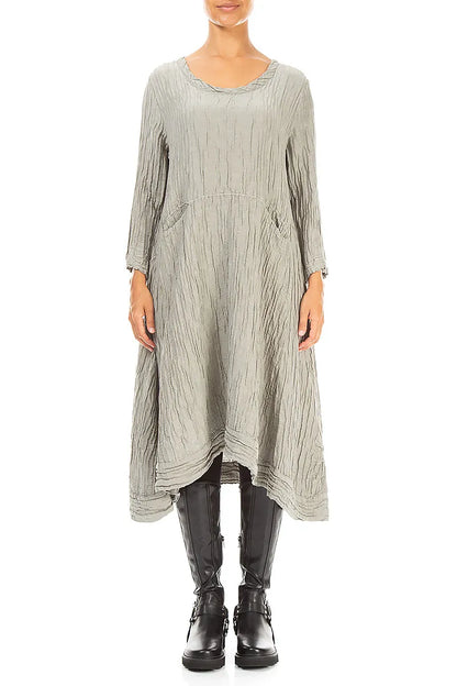 A-Line Olive Grey Crinkled Silk Linen Dress 1