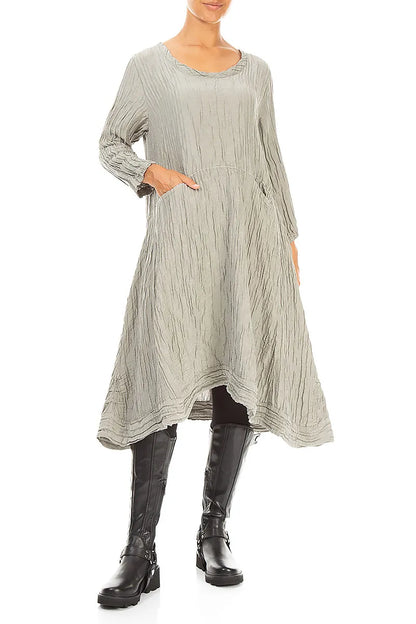 A-Line Olive Grey Crinkled Silk Linen Dress 4
