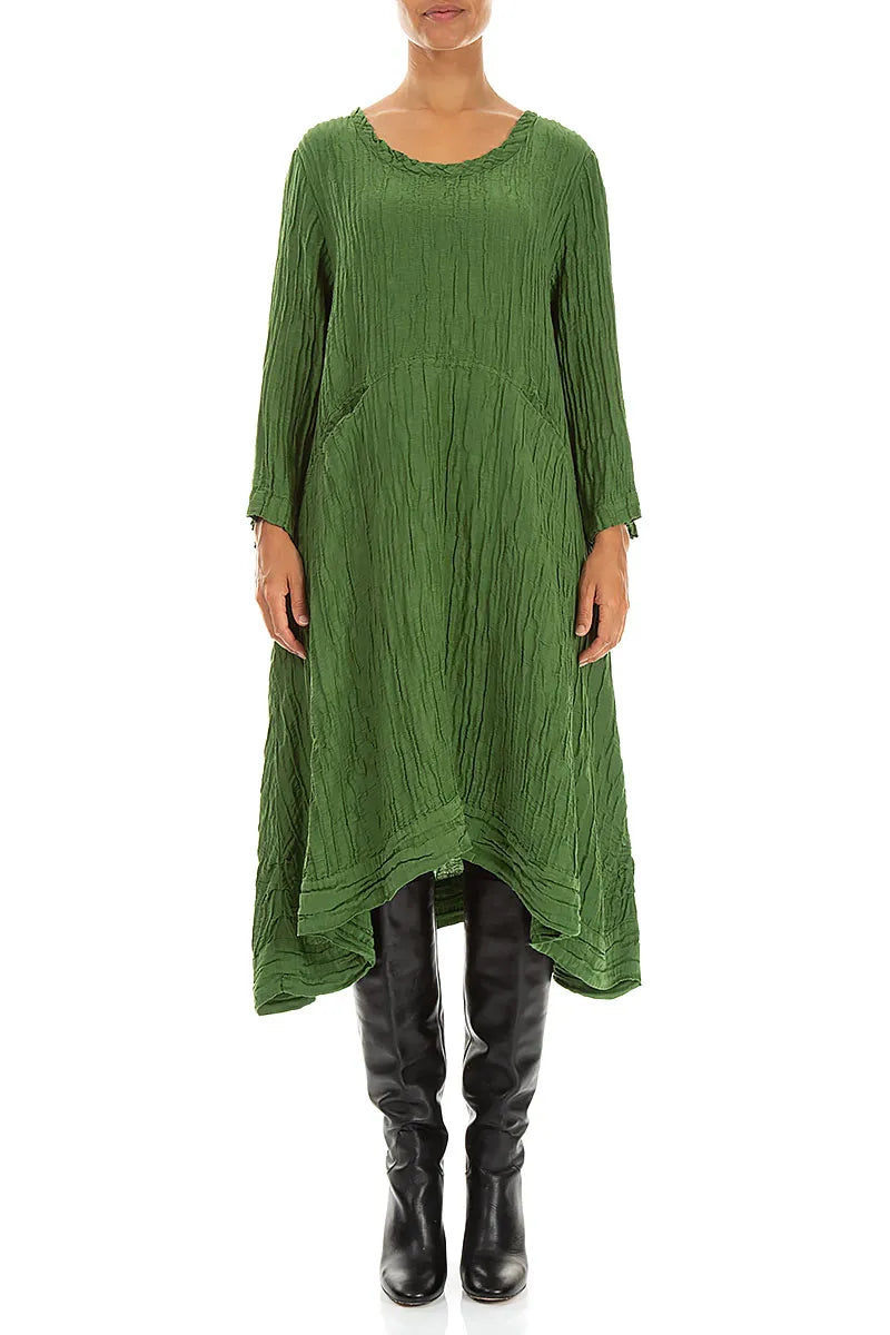 A-Line Shamrock Green Crinkled Silk Linen Dress 1