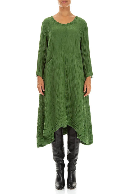 A-Line Shamrock Green Crinkled Silk Linen Dress 1
