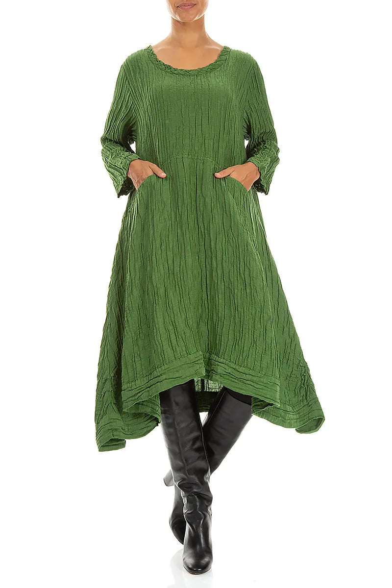 A-Line Shamrock Green Crinkled Silk Linen Dress 3