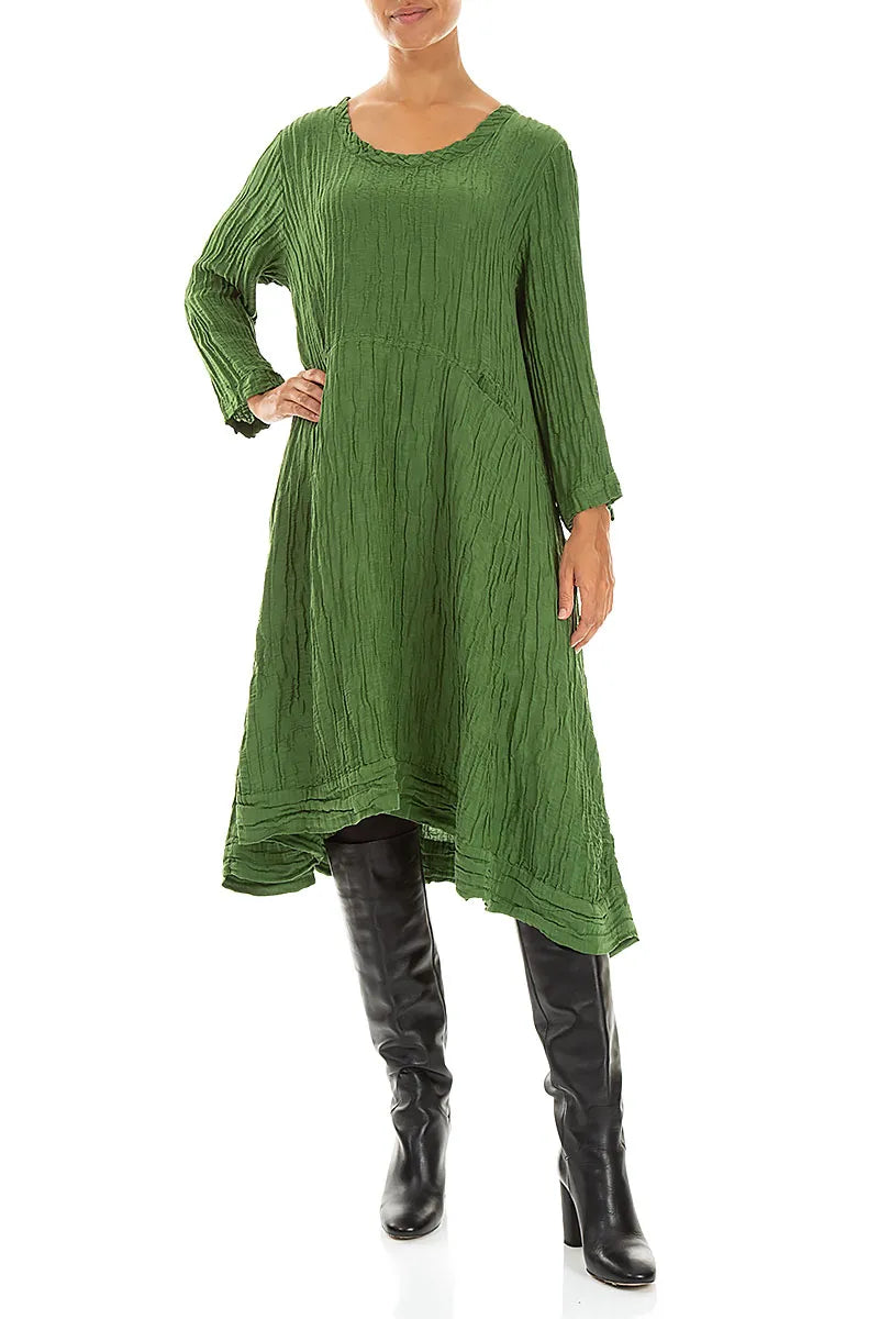 A-Line Shamrock Green Crinkled Silk Linen Dress 4