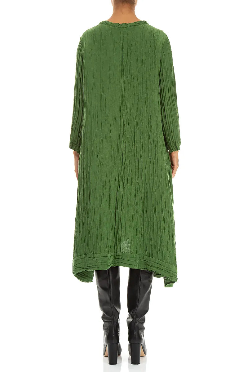 A-Line Shamrock Green Crinkled Silk Linen Dress 2