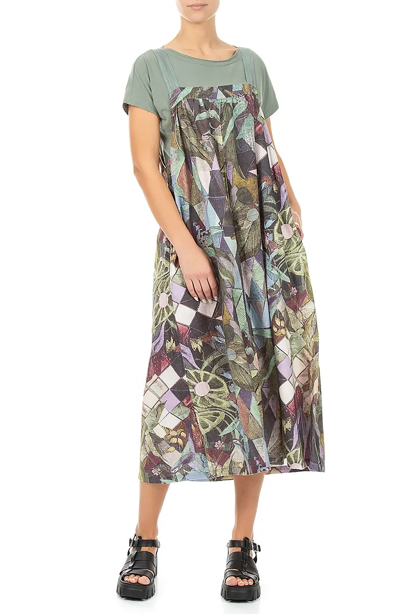 Flared Art Mosaic Linen Pinafore Dress 4