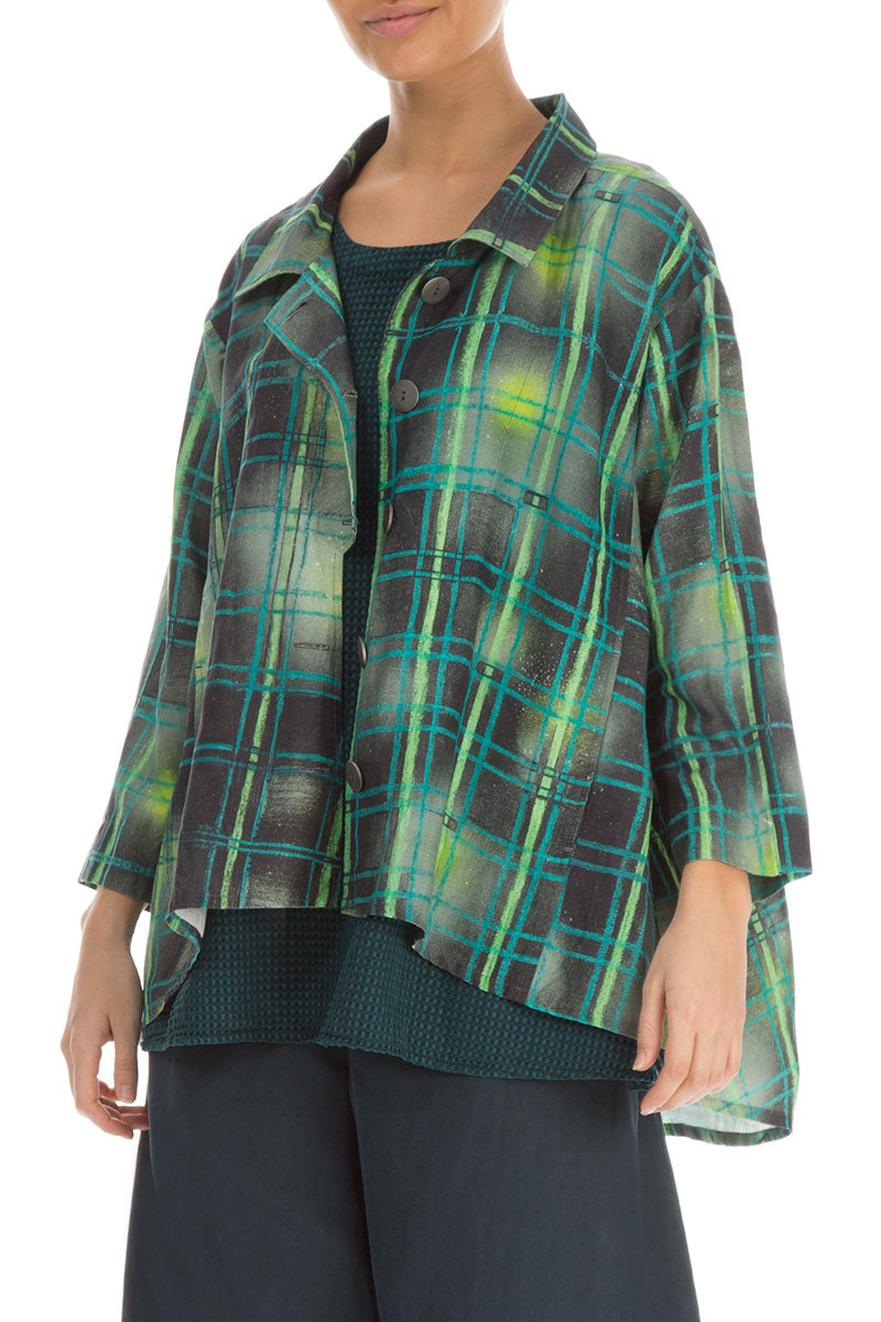 Asymmetric Closure Emerald Grid Silk Linen Jacket 3