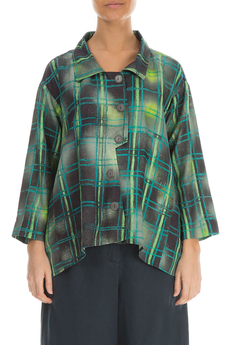 Asymmetric Closure Emerald Grid Silk Linen Jacket 1