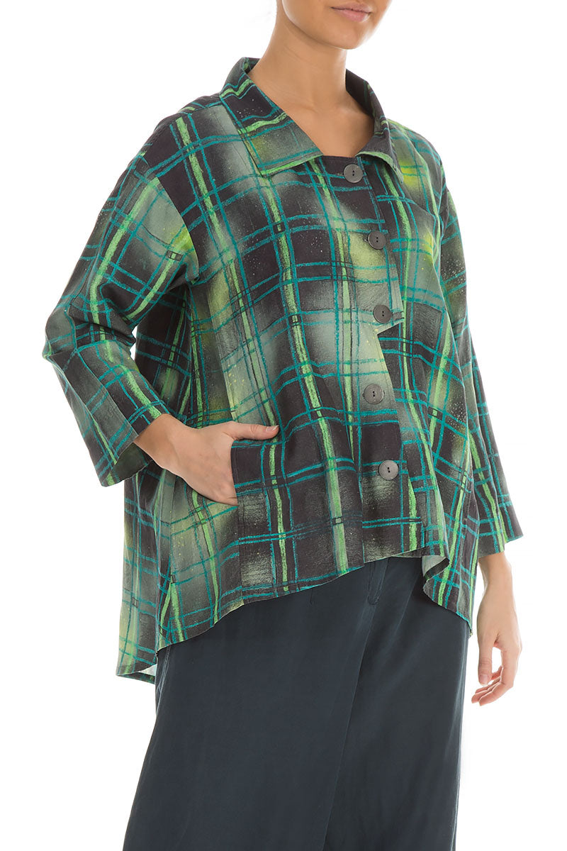 Asymmetric Closure Emerald Grid Silk Linen Jacket 4