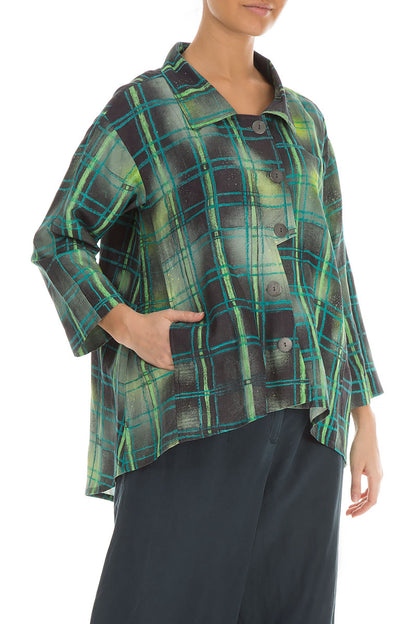 Asymmetric Closure Emerald Grid Silk Linen Jacket 4