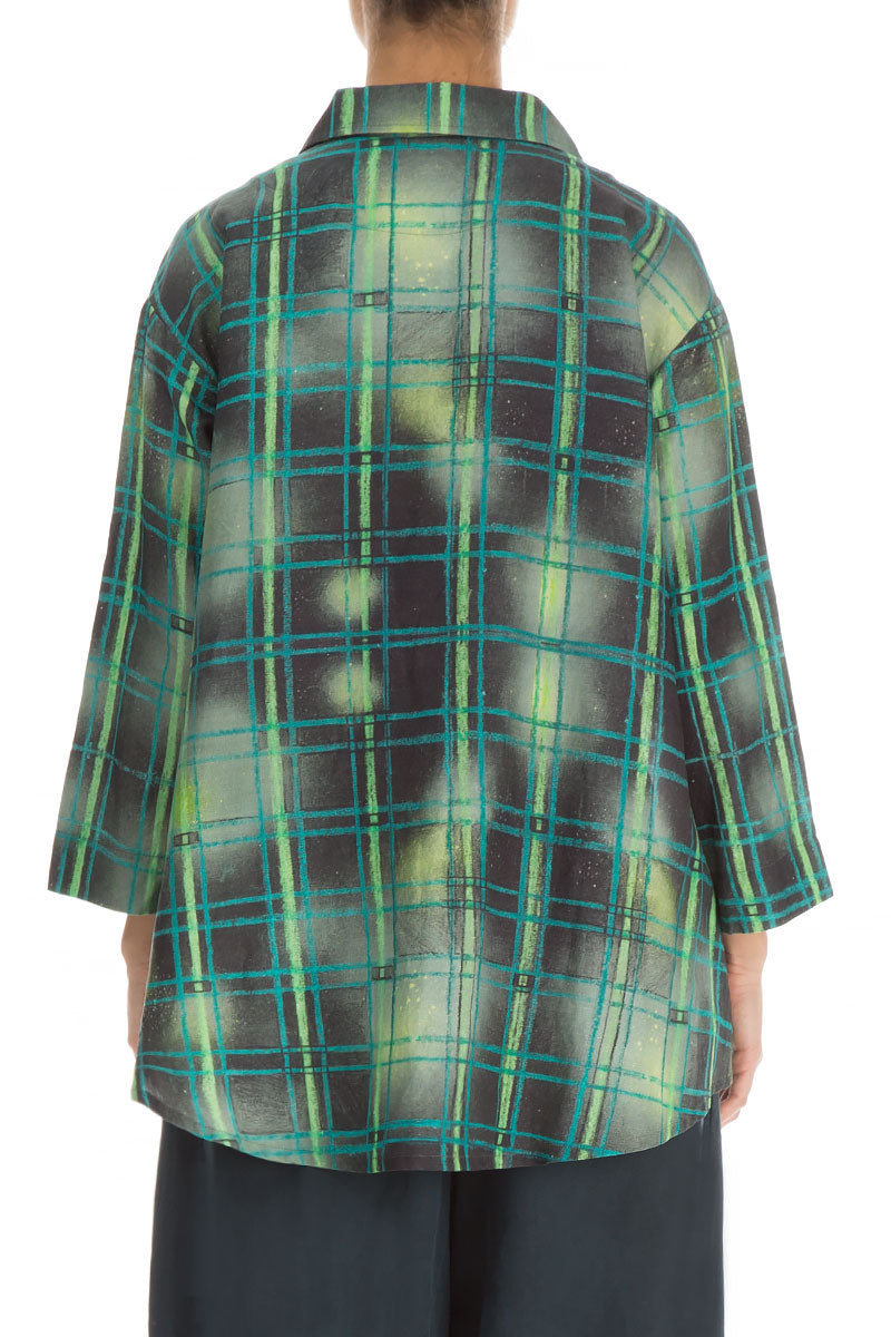 Asymmetric Closure Emerald Grid Silk Linen Jacket 2