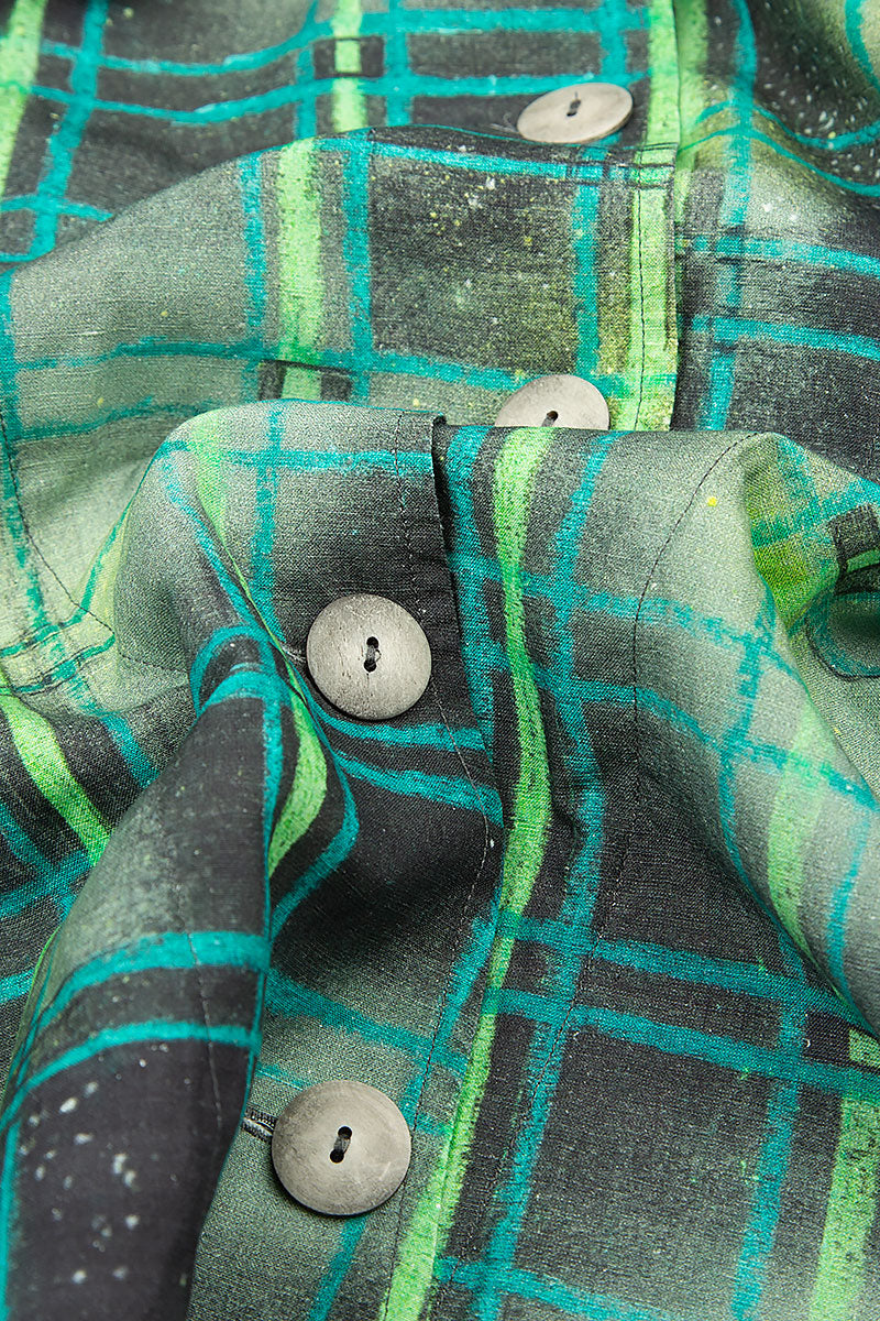 Asymmetric Closure Emerald Grid Silk Linen Jacket 6
