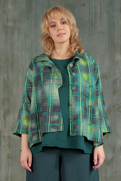 Asymmetric Closure Emerald Grid Silk Linen Jacket 7