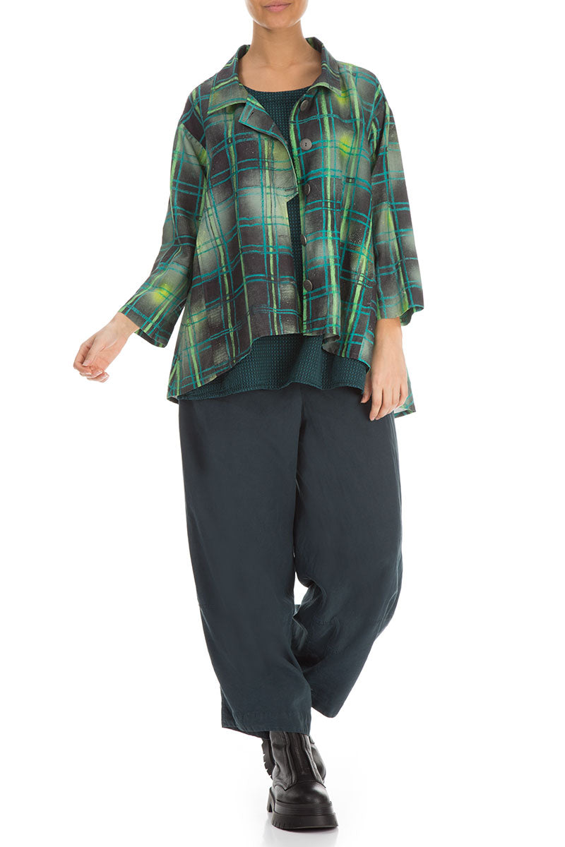 Asymmetric Closure Emerald Grid Silk Linen Jacket 5