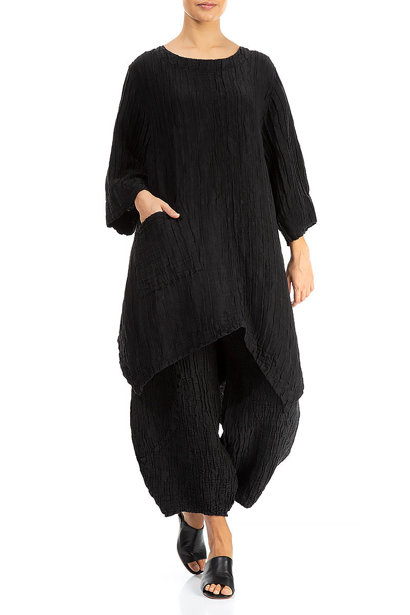 Asymmetric Crinkled Black Silk Linen Tunic 4