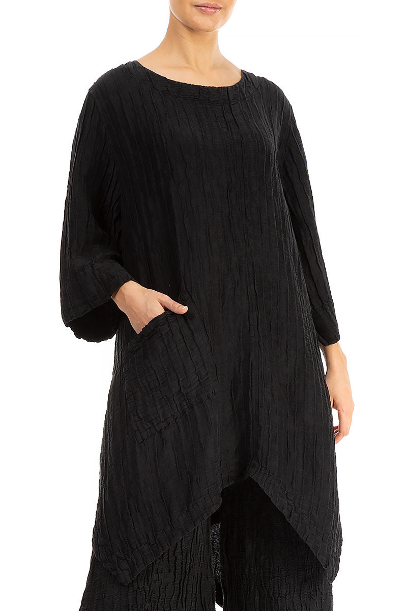 Asymmetric Crinkled Black Silk Linen Tunic 3