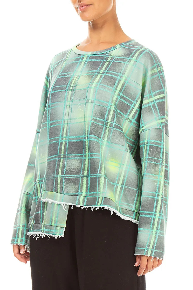 Asymmetric Emerald Grid French Terry Cotton Blouse