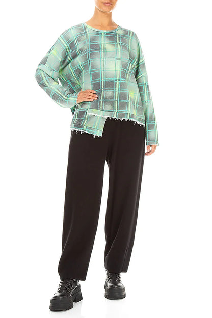 Asymmetric Emerald Grid French Terry Cotton Blouse