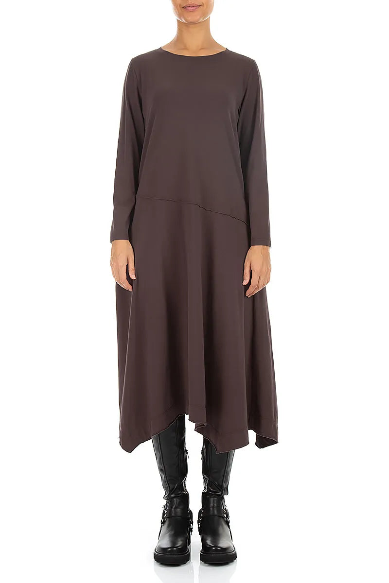 Asymmetric Flared Truffle Brown Cotton Dress 1