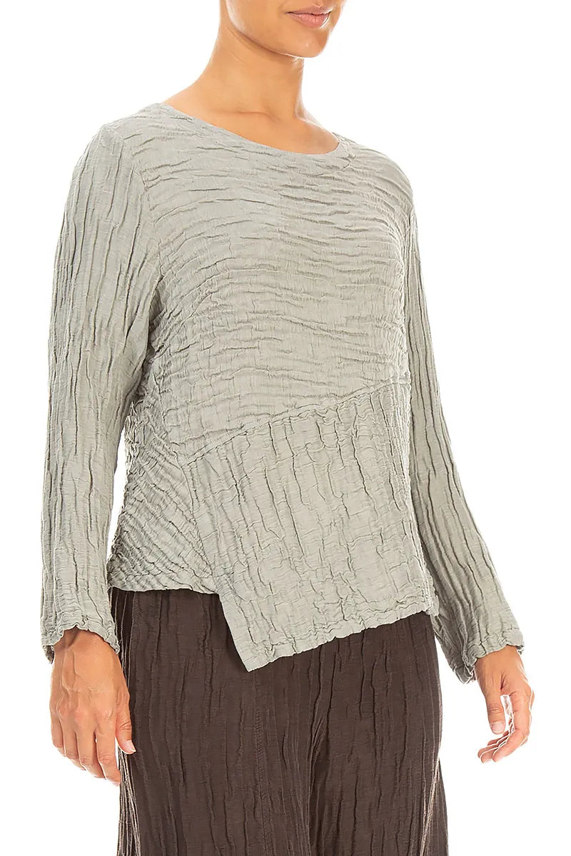 Asymmetric Olive Grey Crinkled Silk Linen Blouse 3