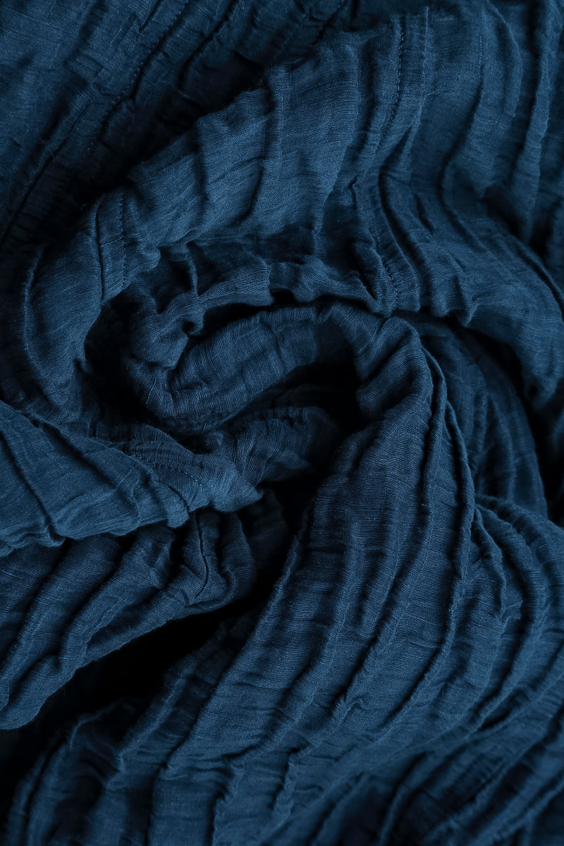 Long Sleeve Balloon Crinkled Royal Blue Silk Linen Dress 5