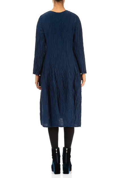 Long Sleeve Balloon Crinkled Royal Blue Silk Linen Dress 2
