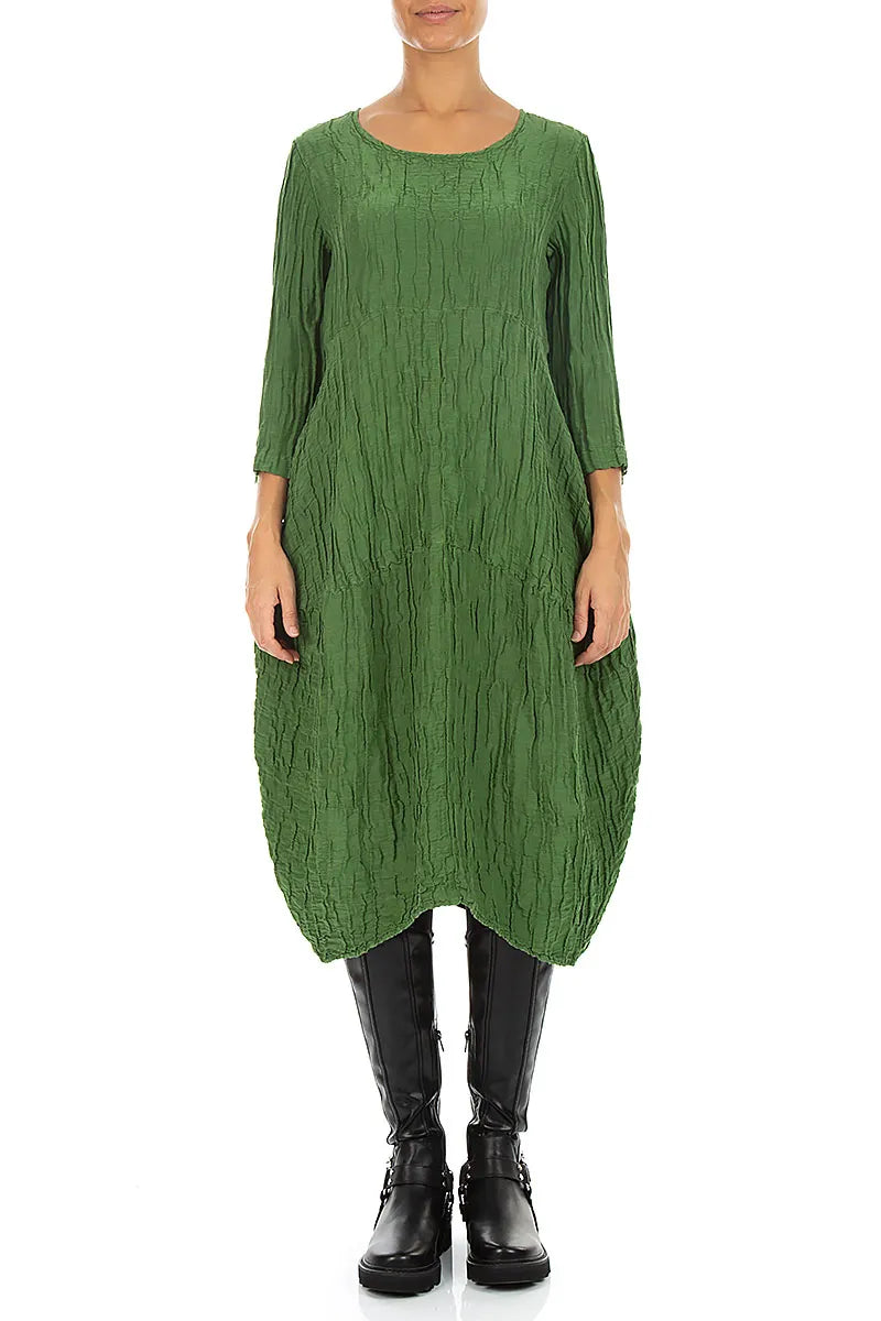 Balloon Crinkled Shamrock Green Silk Linen Dress