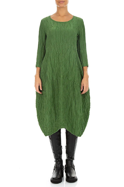 Balloon Crinkled Shamrock Green Silk Linen Dress