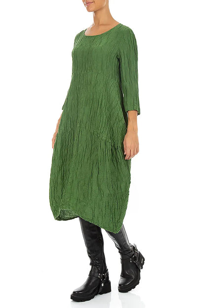 Balloon Crinkled Shamrock Green Silk Linen Dress