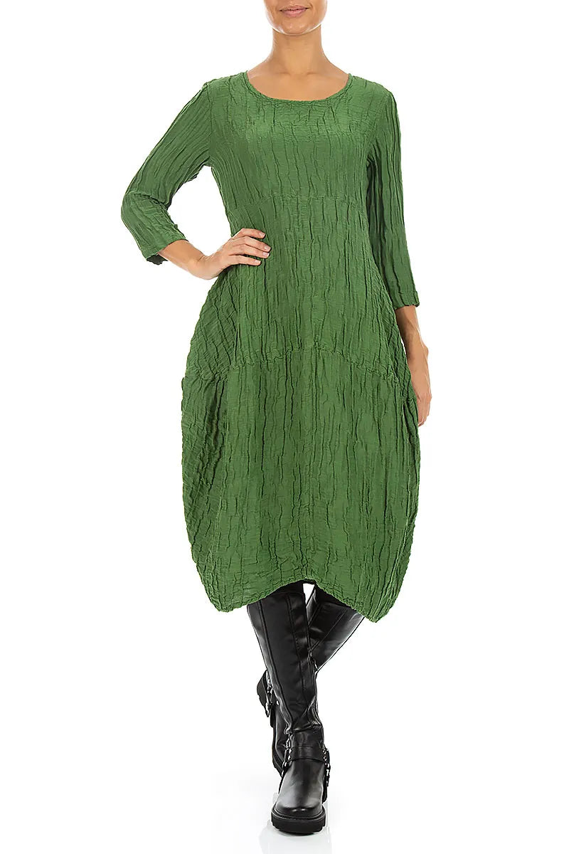 Balloon Crinkled Shamrock Green Silk Linen Dress