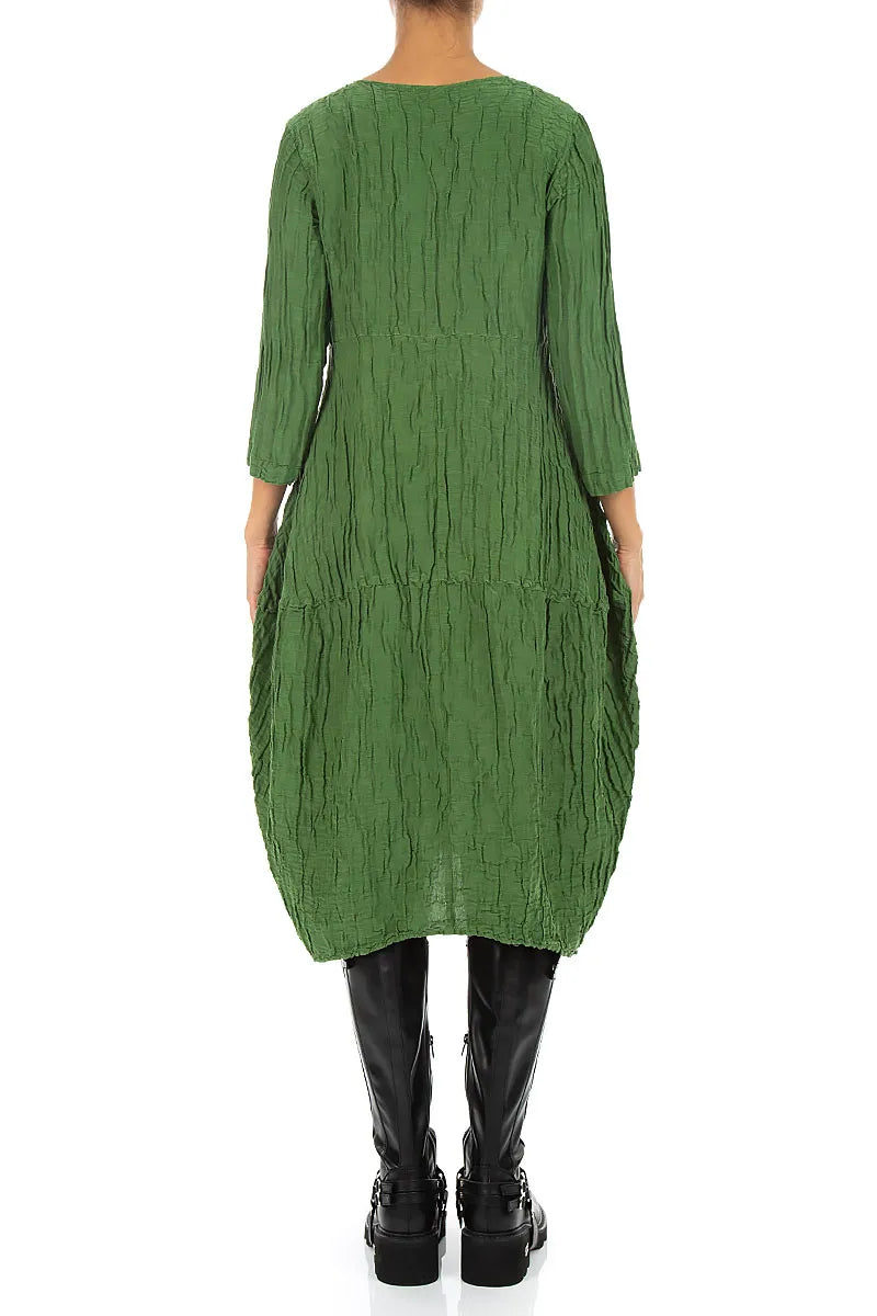 Balloon Crinkled Shamrock Green Silk Linen Dress
