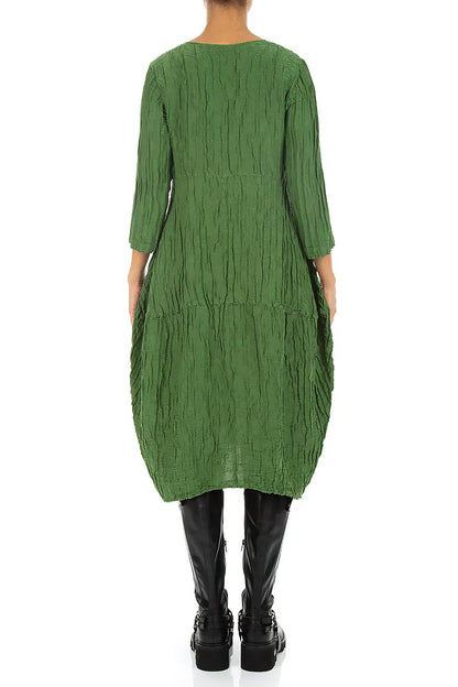 Balloon Crinkled Shamrock Green Silk Linen Dress