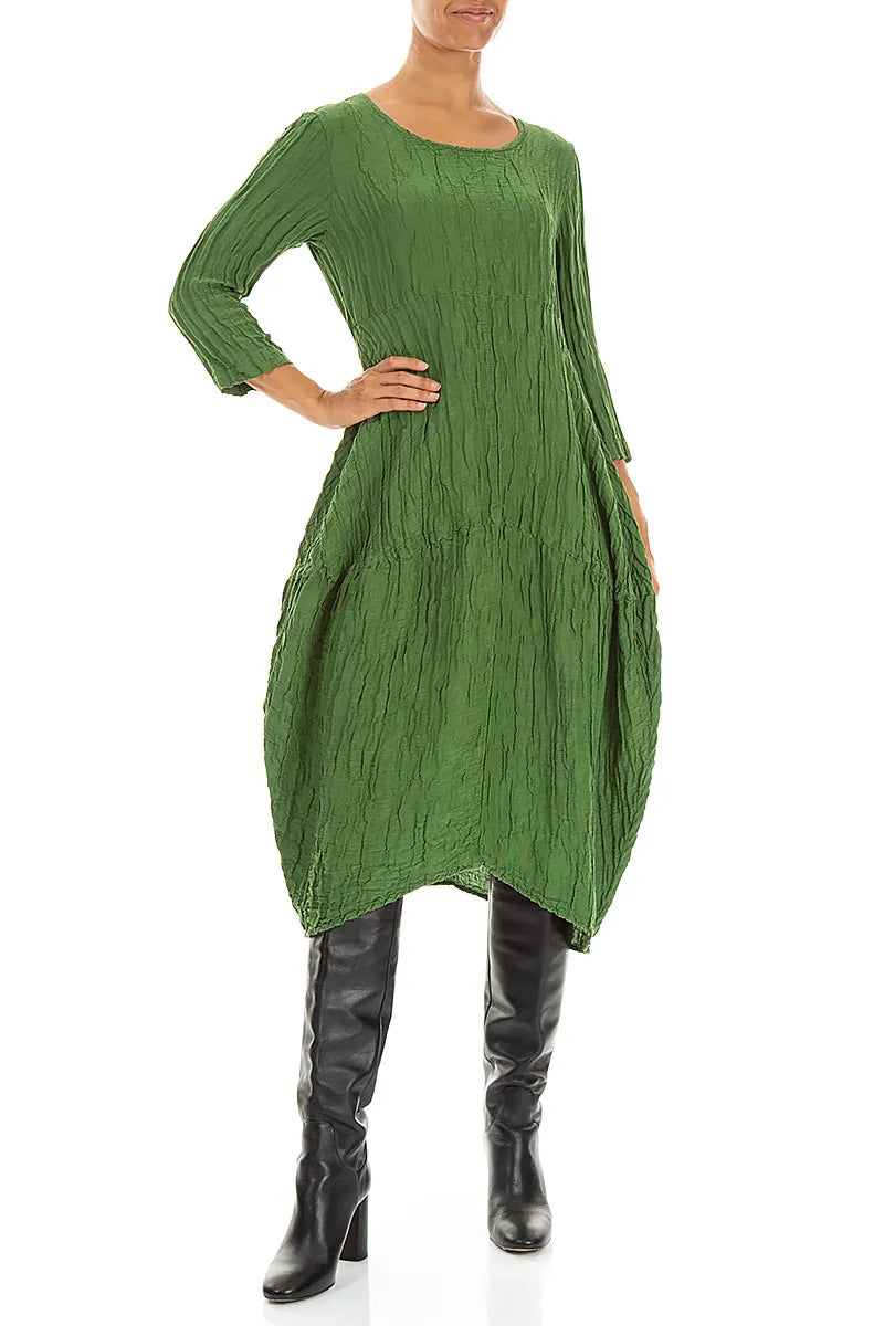 Balloon Crinkled Shamrock Green Silk Linen Dress